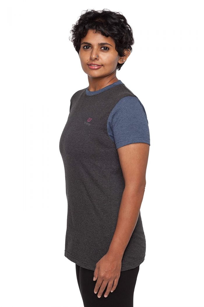 Uhane Women’s Yoga and Gym Cotton Work-Out Round Neck Straight Cut Dual-Colour T-Shirt (Steel Grey/Dark Blue) Short Sleeves Top for Sports and Fitness