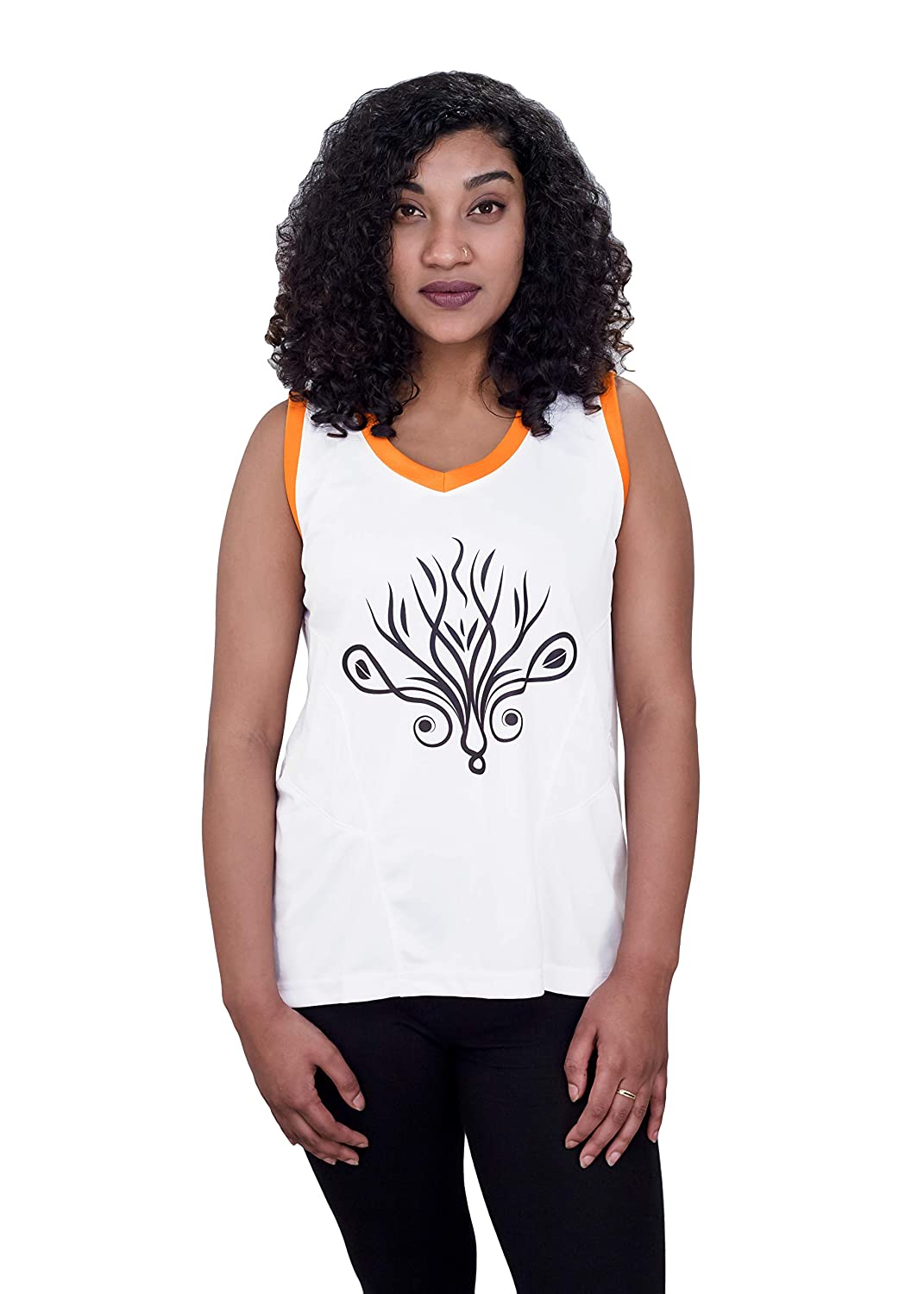 Uhane Women’s Gym Dri-Fit Work-Out Deep V-Neck Loose Fit T-Shirt (White) Printed Sleeveless Top for Sports and Fitness