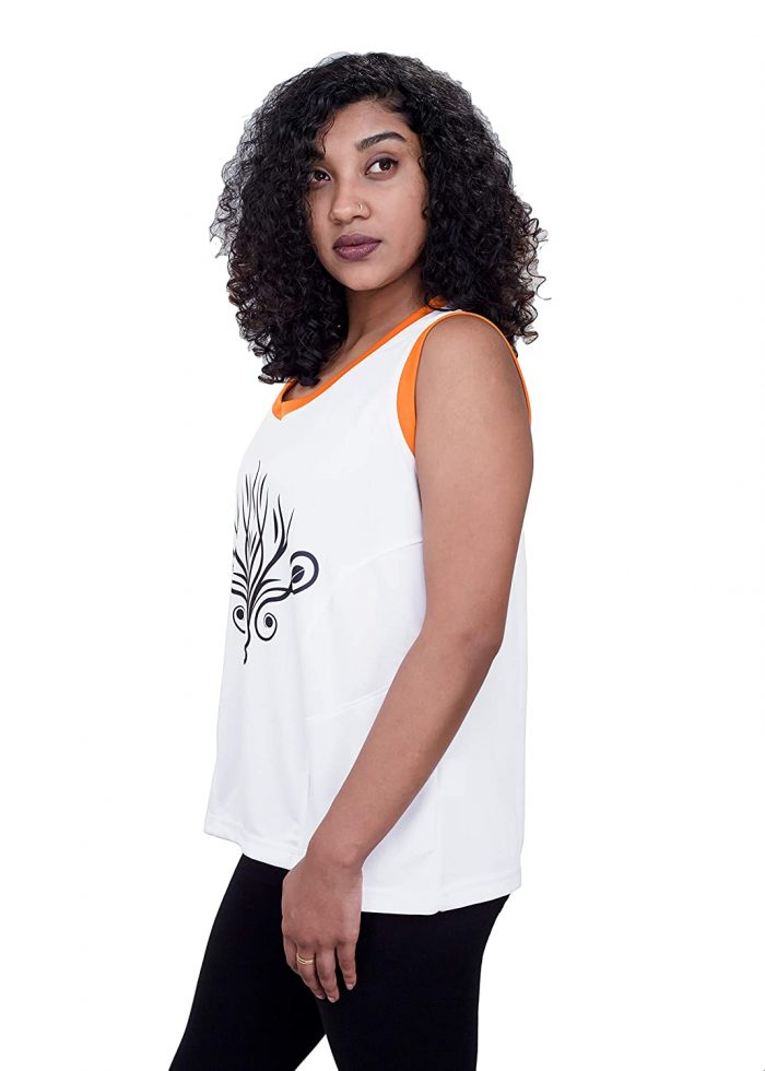 Uhane Women’s Gym Dri-Fit Work-Out Deep V-Neck Loose Fit T-Shirt (White) Printed Sleeveless Top for Sports and Fitness