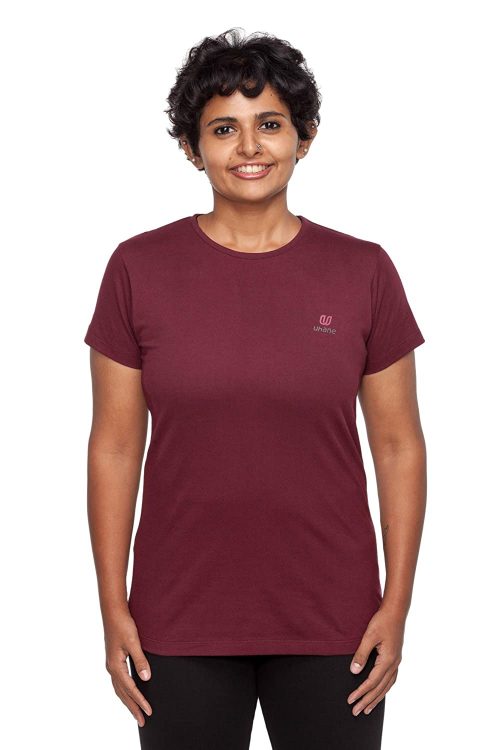 Women’s Yoga and Gym Cotton Work-Out Round Neck Straight Cut Plain T-Shirt (Maroon) Short Sleeves Top for Sports and Fitness
