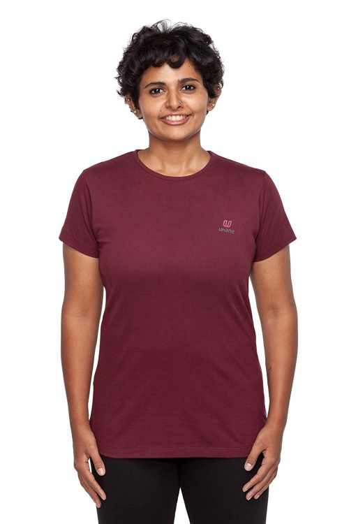 Uhane Women’s Yoga and Gym Cotton Work-Out Round Neck Straight Cut Plain T-Shirt (Maroon) Short Sleeves Top for Sports and Fitness