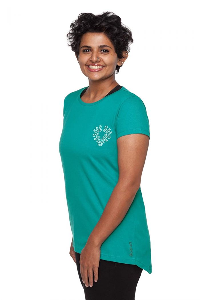 Uhane Women’s Yoga and Gym Cotton Work-Out Round Neck Straight Cut Long Back Embroidered T-Shirt (Turquoise) Short Sleeves Top for Sports and Fitness
