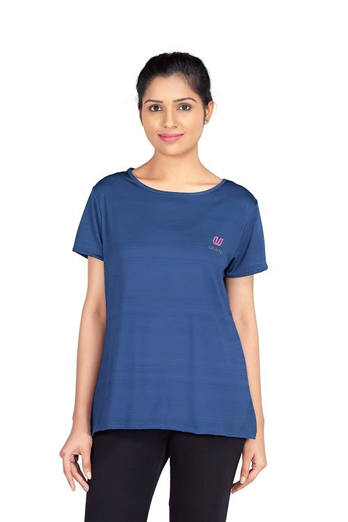 Uhane Women’s Gym Dri-Fit Work-Out Wide Round Neck T-Shirt (Dark Blue) Short Sleeves