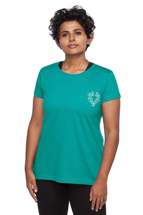 Uhane Women’s Yoga and Gym Cotton Work-Out Round Neck Straight Cut Long Back Embroidered T-Shirt (Turquoise) Short Sleeves Top for Sports and Fitness