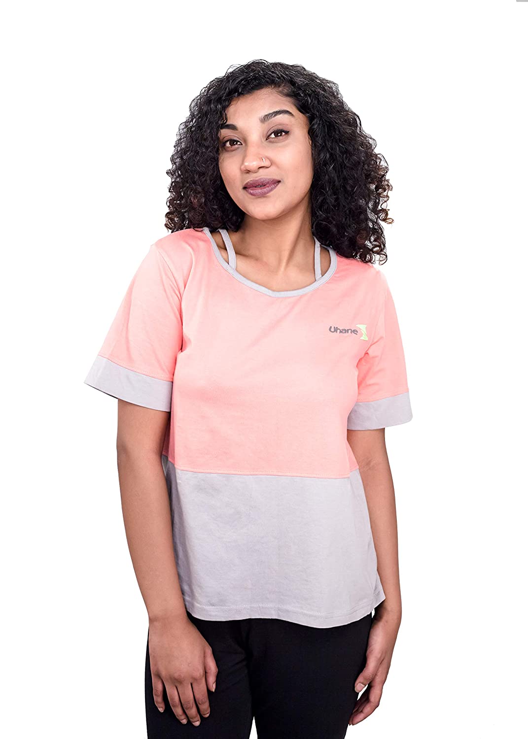 Uhane Women’s Yoga and Gym Cotton Work-Out Extreme Deep Neck Loose Fit T-Shirt (Pink) Short Sleeves Top for Sports and Fitness