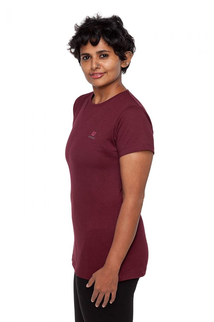 Uhane Womenâs Yoga and Gym Cotton Work-Out Round Neck Straight Cut Plain T-Shirt (Maroon) Short 