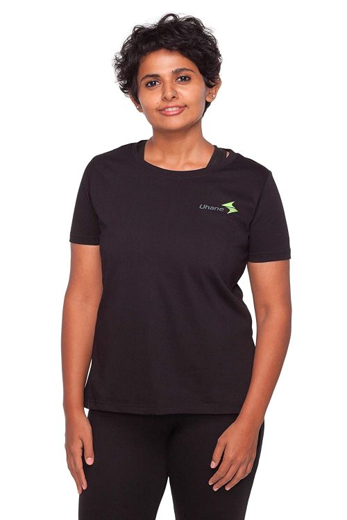 Uhane Women’s Gym Dri-Fit Classic Work-Out Round Neck Loose Fit T-Shirt (Black) Short Sleeves