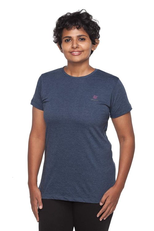 Uhane Women’s Yoga and Gym Cotton Work-Out Round Neck Straight Cut Plain T-Shirt (Dark Blue) Short Sleeves Top for Sports and Fitness