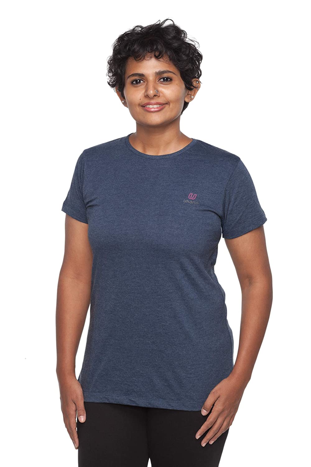 Uhane Women’s Yoga and Gym Cotton Work-Out Round Neck Straight Cut Plain T-Shirt (Dark Blue) Short Sleeves Top for Sports and Fitness