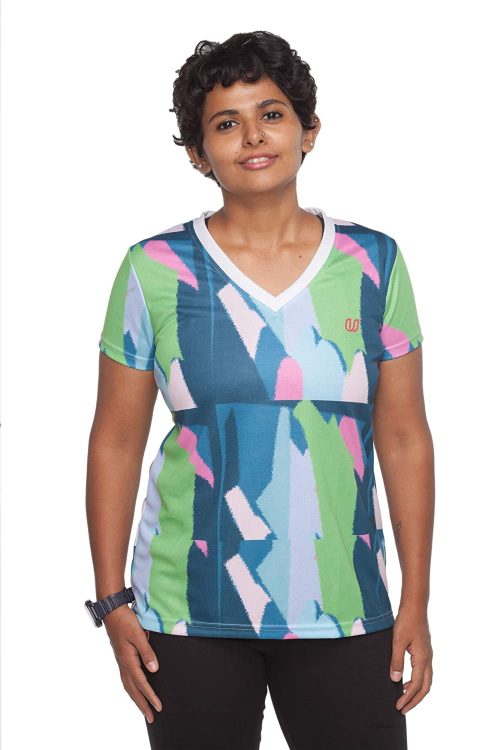 Uhane Women’s Gym Dri-Fit Work-Out Deep V-Neck T-Shirt (Multi-Coloured) Short Sleeves Patterned Top for Sports and Fitness