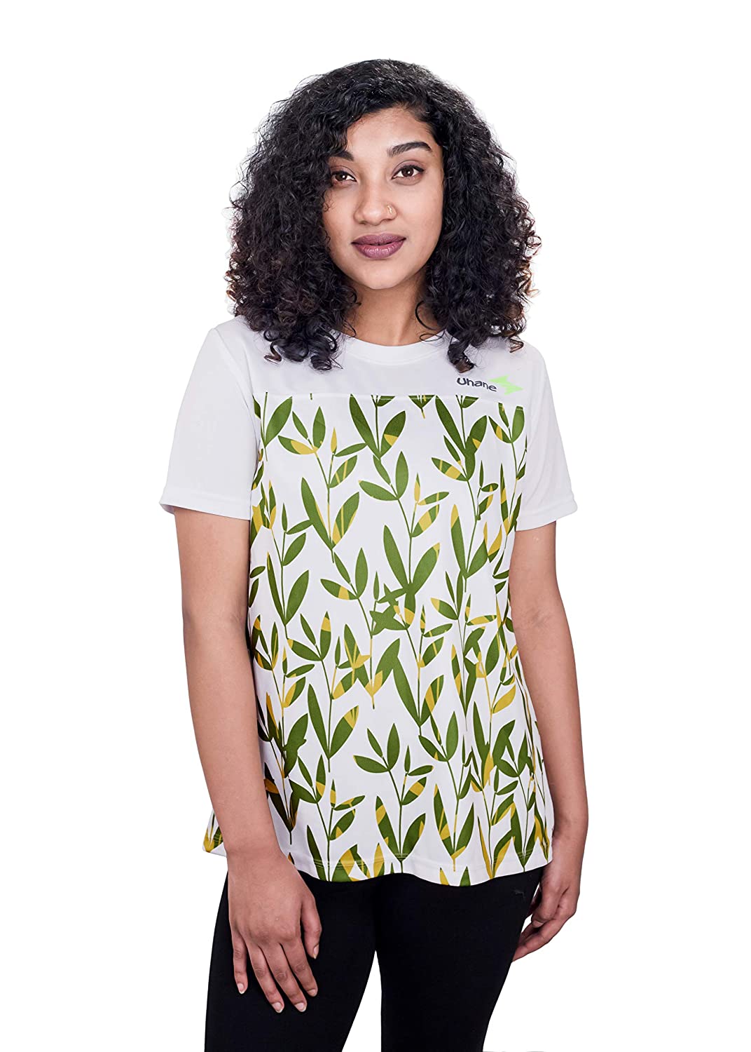 Uhane Women’s Gym Dri-Fit Work-Out Round Neck Loose Fit T-Shirt (White with Green Leaf Print) Short Sleeves Printed