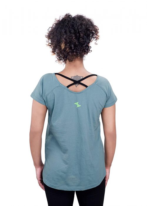 Uhane Women’s Yoga and Gym Cross-Back Cotton Work-Out Extreme Deep Neck Loose Fit T-Shirt (Teal) Short Sleeves Top for Sports and Fitness