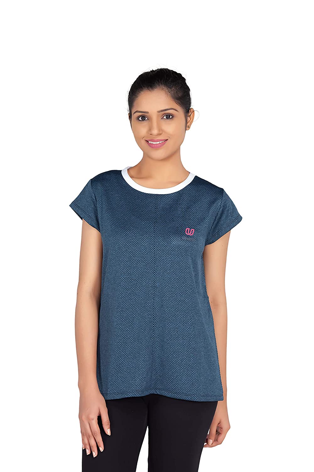 Uhane Women’s Gym Dri-Fit Work-Out Round Neck T-Shirt (Deep Blue/White) Short Sleeves