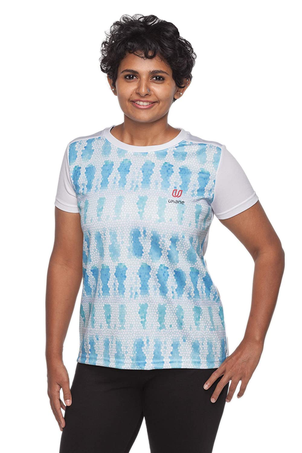 Uhane Women’s Gym Dri-Fit Crew Neck Printed T-Shirt (Blue Honeycomb) Short Sleeves Top for Sports and Fitness