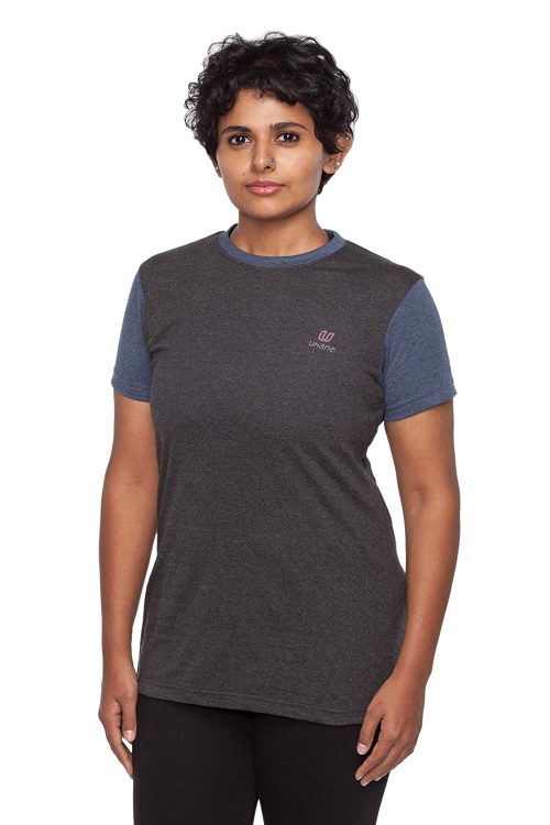 Uhane Women’s Yoga and Gym Cotton Work-Out Round Neck Straight Cut Dual-Colour T-Shirt (Steel Grey/Dark Blue) Short Sleeves Top for Sports and Fitness