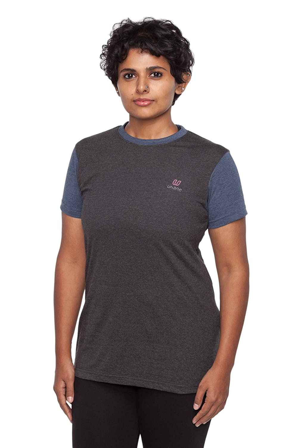 Uhane Women’s Yoga and Gym Cotton Work-Out Round Neck Straight Cut Dual-Colour T-Shirt (Steel Grey/Dark Blue) Short Sleeves Top for Sports and Fitness