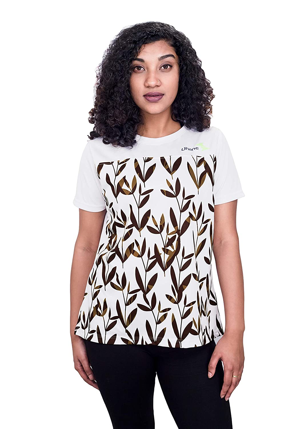 Uhane Women’s Gym Dri-Fit Work-Out Round Neck Loose Fit T-Shirt (White with Brown Leaf Print) Short Sleeves Printed