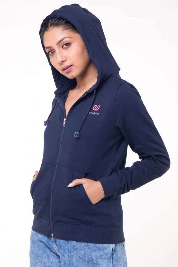 Women’s Athleisure and Work-Out Dark Blue Cotton Loose-Fit Hooded Jacket
